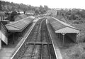 Black and white photograph of a railway station with tracks and platforms.