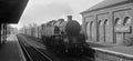 Vintage steam train at Hailsham station with a brick building and platform.